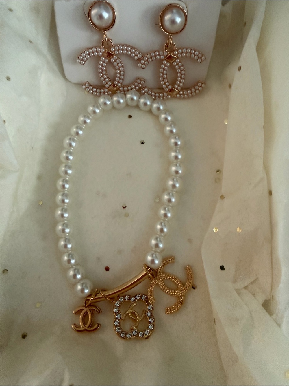 Gold & pearl dangle charm earrings & bracelet set NWT